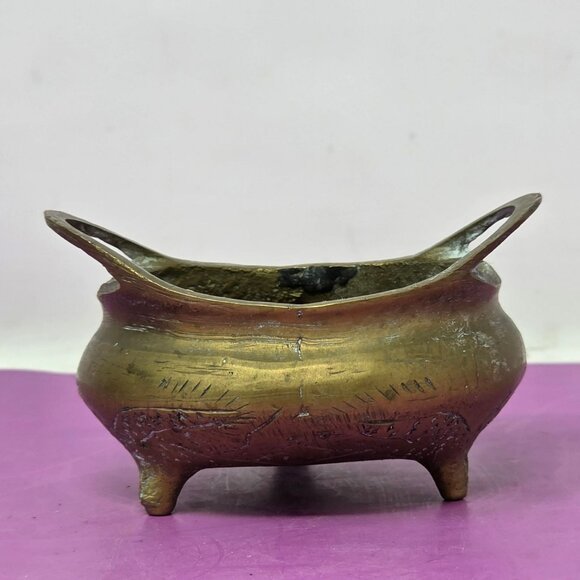 Unbranded Other - Antique Chinese Brass Incense Burner Pot With Handles‎ Etched Design 6 Hallmarks
